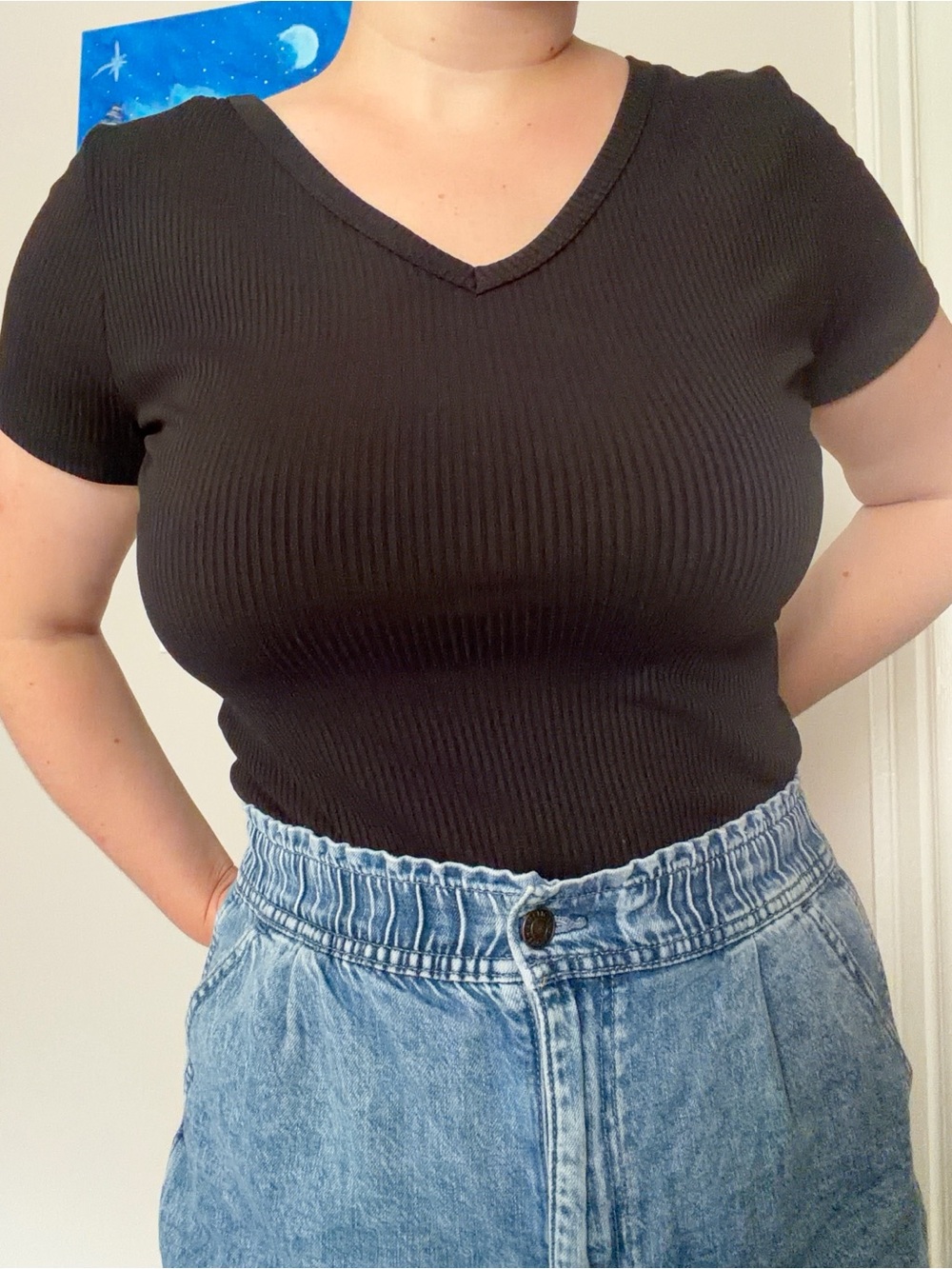 Reversible V-Neck/Scoop Neck Ribbed Tee - Black